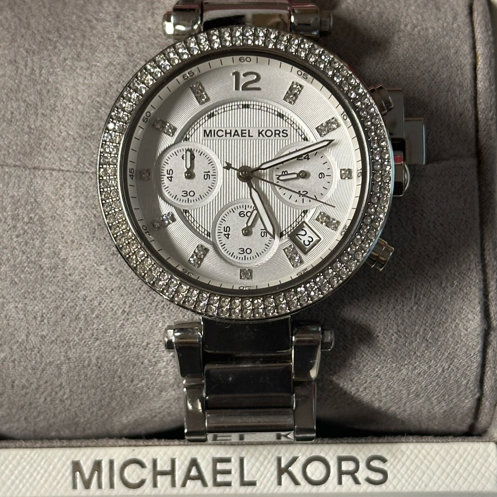 Michael Kors Silver Chronograph Watch with Crystal Bezel